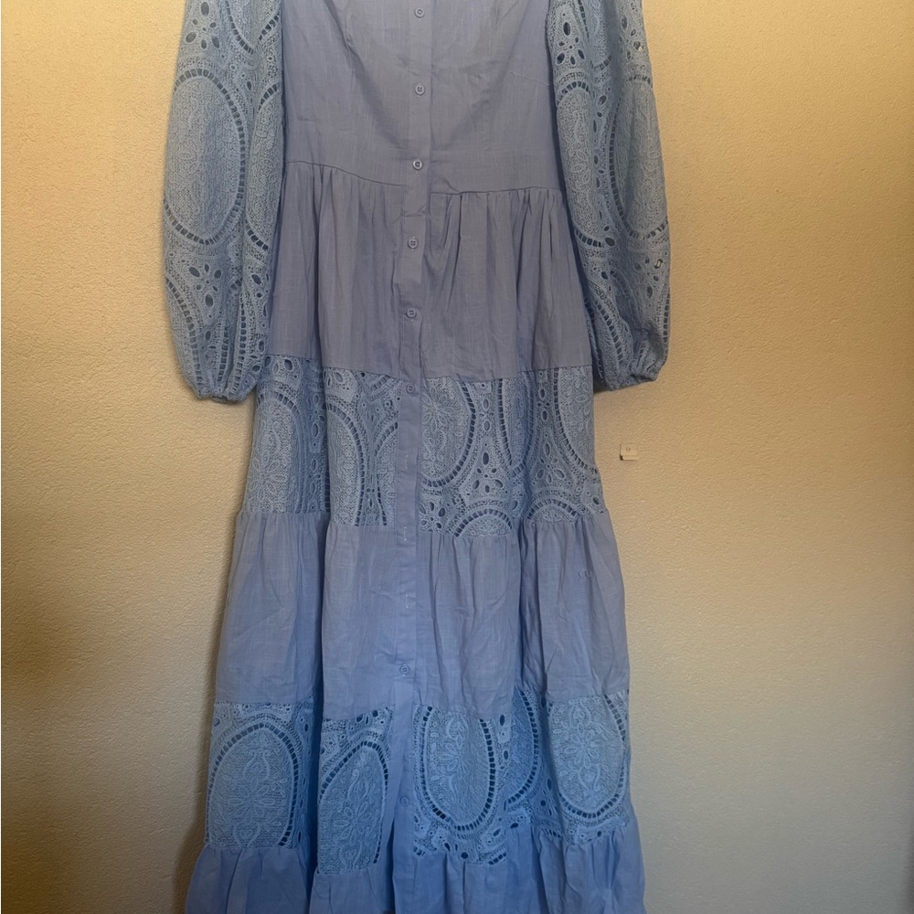 Light Blue Eyelet Tiered Maxi Dress with Button Front